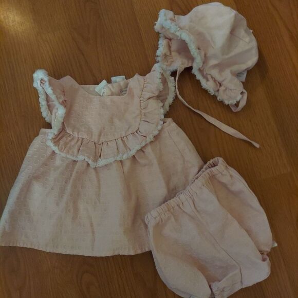 Catherine Malandrino Mini Baby Girl Pink Dress, Matching Bonnet Sz 6-9 Months - Picture 1 of 10